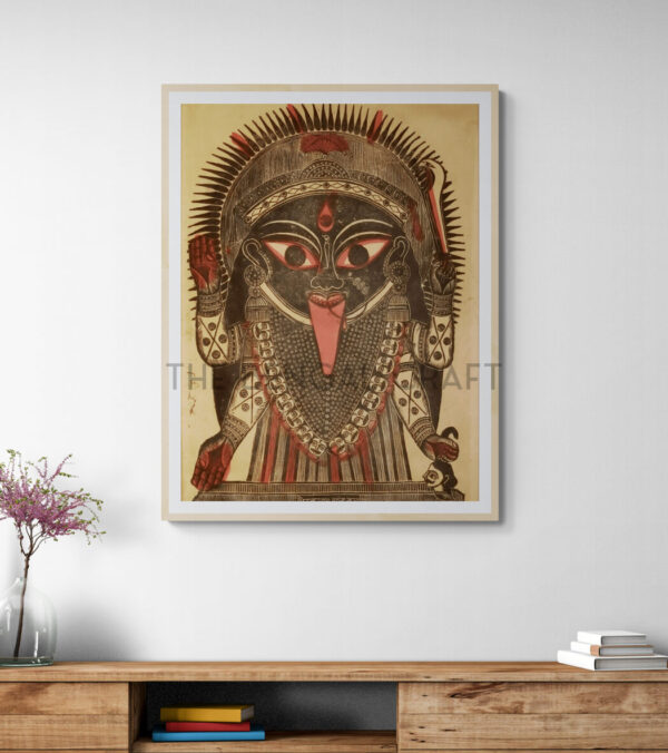 Reprint of Kali woodcut attributed to Sri Nrityalal Dutta, featuring intense black-red style and symbolic elements, printed on matte paper