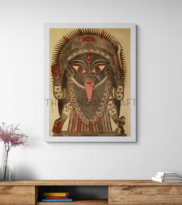 Reprint of Kali woodcut attributed to Sri Nrityalal Dutta, featuring intense black-red style and symbolic elements, printed on matte paper