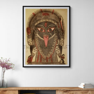 Reprint of Kali woodcut attributed to Sri Nrityalal Dutta, featuring intense black-red style and symbolic elements, printed on matte paper