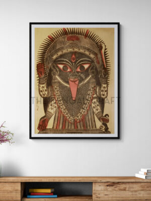 Reprint of Kali woodcut attributed to Sri Nrityalal Dutta, featuring intense black-red style and symbolic elements, printed on matte paper