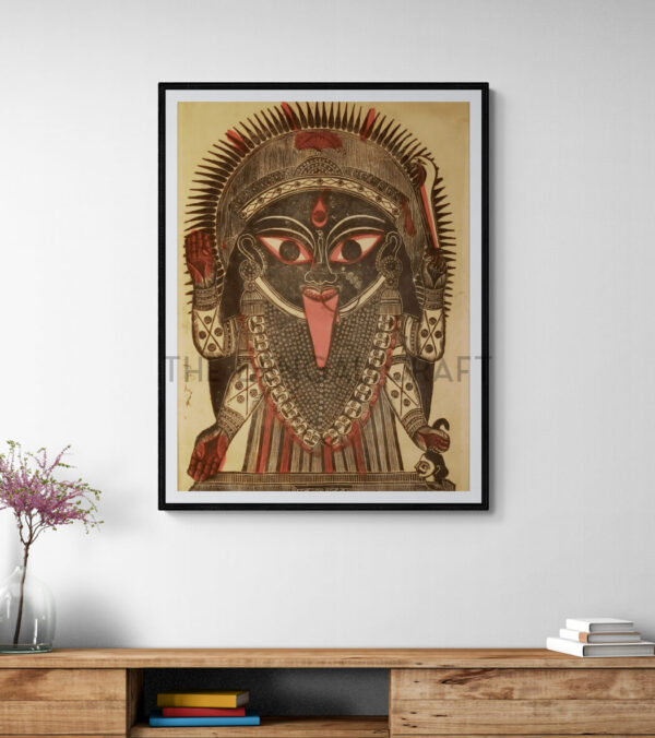 Reprint of Kali woodcut attributed to Sri Nrityalal Dutta, featuring intense black-red style and symbolic elements, printed on matte paper