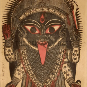 Reprint of Kali woodcut attributed to Sri Nrityalal Dutta, featuring intense black-red style and symbolic elements, printed on matte paper