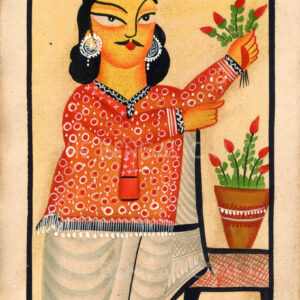 Kalighat Painting with Man and Flowers