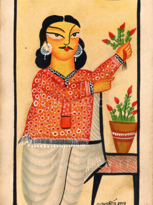 Kalighat Painting with Man and Flowers