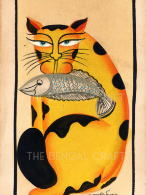 Kalighat painting depicting a cat with a fish
