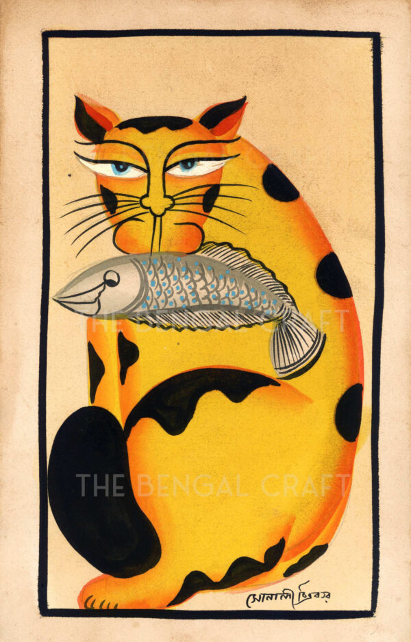 Kalighat painting depicting a cat with a fish