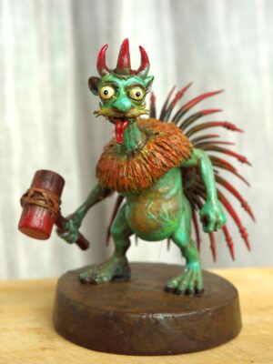 Voy Peyo Na (ভয় পেয়ো না) hand-painted collectible miniature inspired by Sukumar Roy’s Abol Tabol, featuring the humorous horned character holding a lantern and club on a wooden display base