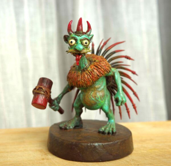 Bhoy-Peyo-Na-Sukumar-Roy Voy Peyo Na (ভয় পেয়ো না) hand-painted collectible miniature inspired by Sukumar Roy’s Abol Tabol, featuring the humorous horned character holding a lantern and club on a wooden display base