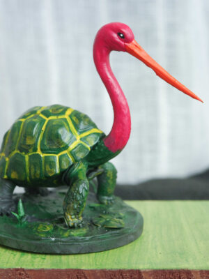 Bokocchop (বকচ্ছপ) hand-painted collectible miniature inspired by Sukumar Roy’s Abol Tabol, featuring the whimsical stork-tortoise hybrid on a display base
