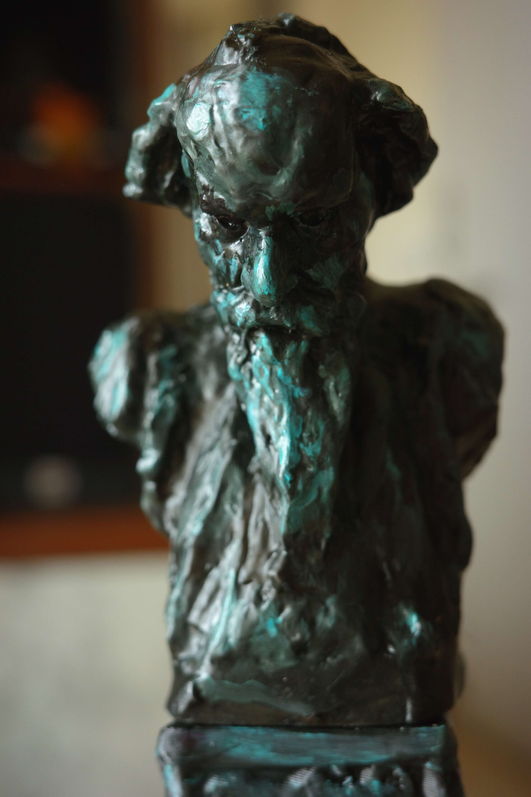 Rabindranath Tagore Bust Inspired by Ramkinkar Baij Hand-painted Rabindranath Tagore collectible bust inspired by Ramkinkar Baij, mounted on a wooden display base