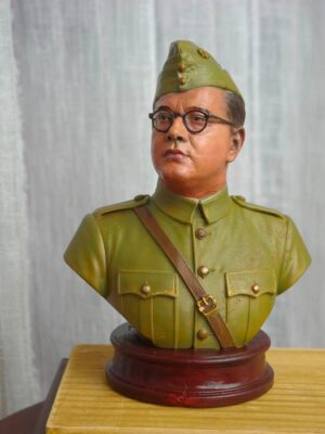 Netaji Subhas Chandra Bose hand-painted collectible bust in military uniform with cap and round spectacles